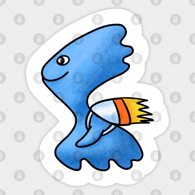 Cute cartoon blue alien with rocket jetpack Sticker by Kuchinska design